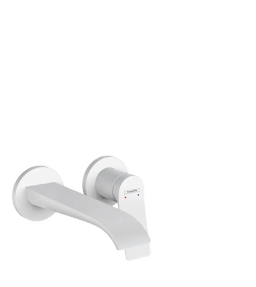 Wandmontierter, weißer Hansgrohe Wasserhahn mit flachem Auslauf und Bedienhebel. Geeignet für Unterputzinstallation.